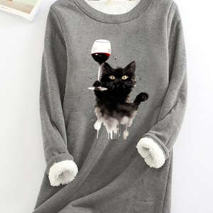 Let's Drink For The Cat Casual Fluff Fleece Fabric Sweatshirt, Hoodies&Sweatshirts, Lilicloth.com