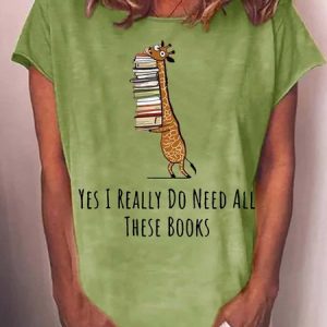 Women's Yes I Really Need These Books Print Casual Crew Neck T-Shirt, T-shirts, Lilicloth.com