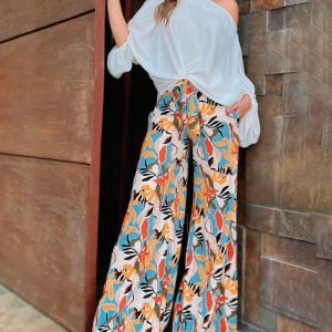 2 Pieces Outfits Cold Shoulder Batwing Sleeve Top amd Casual Floral Print Pocket Design Wide Leg Pants Set, women Two-piece Sets, ChicMe catalog