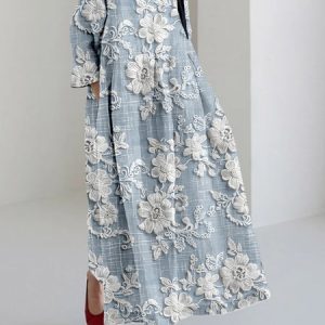 Cottage Floral Embroidered Lace Linen Blend Maxi Dress, Dresses, Lilicloth.com