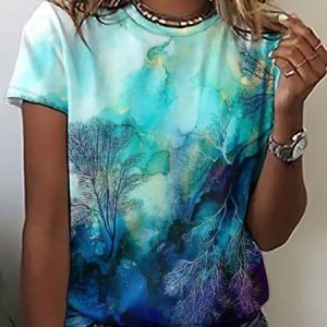 Women's Casual Abstract Ocean Print T-Shirt, T-shirts, Lilicloth.com