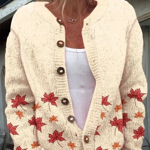Women's Thanksgiving Fall Leaves Print Cozy Knit Cardigan, Cardigans, Lilicloth.com