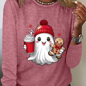 Cute Ghost Christmas Casual Long Sleeve Shirt, Long sleeves, Lilicloth.com