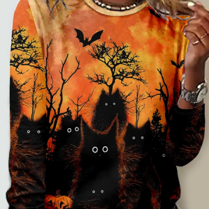 Halloween Cat Crew Neck Casual Cat Regular Fit Long Sleeve Shirt, Long sleeves, Lilicloth.com