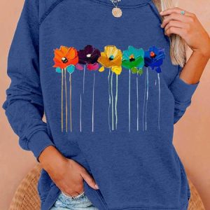 Women Funny Abstract Flower Crew Neck Loose Sweatshirt, Hoodies&Sweatshirts, Lilicloth.com