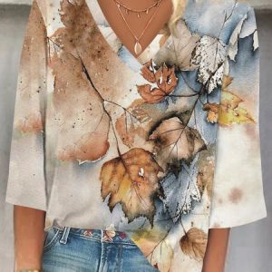 V Neck Three Quarter Sleeve Floral Regular Loose Blouse For Women, Blouses, color:Color1|size:3XL, catalog Noracora shop