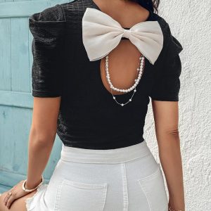 Bowknot Design Pearls Strap T-Shirt, women T-shirt & Tees, ChicMe catalog