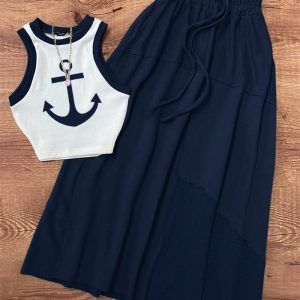 2 Pieces Contrast Paneled Anchor Print Sleeveless Tank Top and Drastring Strechy Waist Skirt Set, women Two-piece Sets, ChicMe catalog