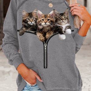 Womens Cat Lover Casual Crew Neck Sweatshirt, Hoodies&Sweatshirts, Lilicloth.com