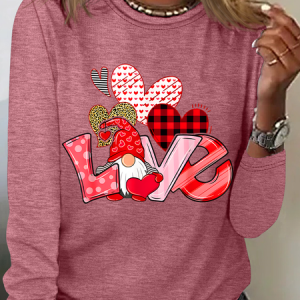Valentine's Day Gnome Print Casual Long Sleeve Shirt, Long sleeves, Lilicloth.com
