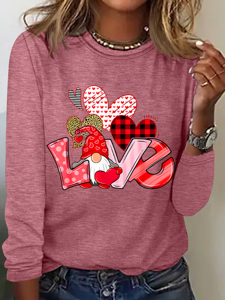 Valentine's Day Gnome Print Casual Long Sleeve Shirt, Long sleeves, Lilicloth.com