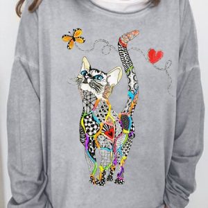 Womens Rainbow Kitty Wwith Butterfly Casual Crew Neck Sweatshirt, Hoodies&Sweatshirts, Lilicloth.com