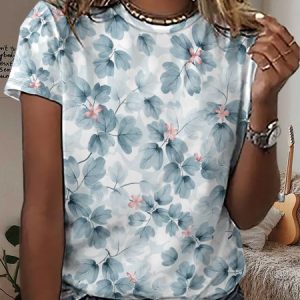 Women's Floral Print Crew Neck Casual T-Shirt, T-shirts, Lilicloth.com