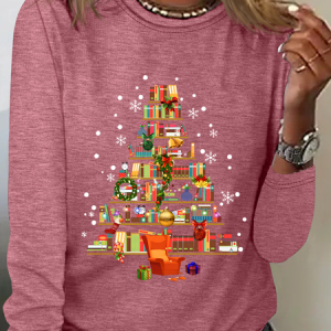 Christmas Tree Made Of Books Casual Long Sleeve Shirt, Long sleeves, Lilicloth.com