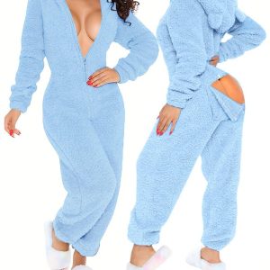 3D Ear Buttoned Flap Functional Fluffy Lounge Jumpsuit, women Pajama Rompers & Jumpsuits, ChicMe catalog