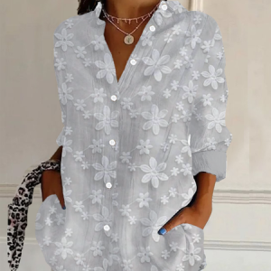 Shirt Collar Long Sleeve Floral Buckle Regular Loose Button Up Shirt Shirt For Women, Blouses, color:White|size:XXL, catalog Noracora shop