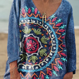 Women's Vintage Art Print Casual V Neck Long Sleeve Comfort Cotton T-Shirt, Long sleeves, Lilicloth.com