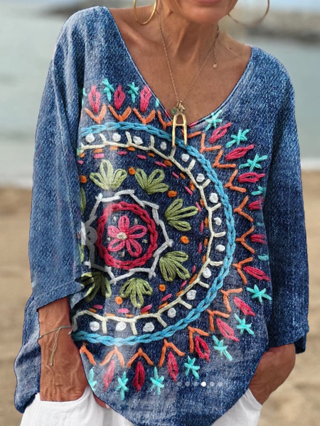 Women's Vintage Art Print Casual V Neck Long Sleeve Comfort Cotton T-Shirt, Long sleeves, Lilicloth.com