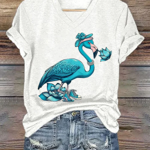 Women's Pearl Necklace Canvas Shoes Lotus Blue Flamingo Print T-Shirt, T-shirts, Lilicloth.com