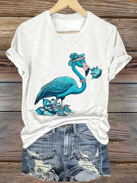 Women's Pearl Necklace Canvas Shoes Lotus Blue Flamingo Print T-Shirt, T-shirts, Lilicloth.com