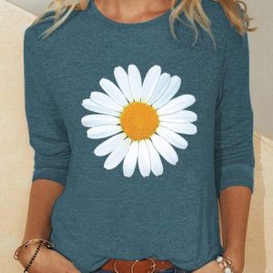 Daisy Flower Loosen Crew Neck Casual Long sleeve Top, Long sleeves, Lilicloth.com