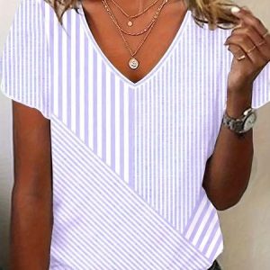 Vintage Striped V Neck Short Sleeve T-shirt, T-shirts, color:Purple|size:XXL, catalog Noracora shop