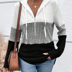 Striped Colorblock Half Zip Up Hoodie Casual Long Sleeve Pullover Tops, women , ChicMe catalog