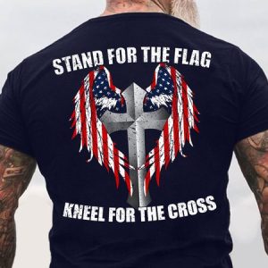 Men's Stand For The Flag Kneel For The Cross Funny Graphic Printing Casual Text Letters Cotton Crew Neck T-Shirt, T-shirts, Lilicloth.com