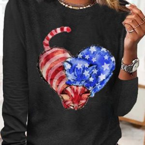 Women's Cat Flag Heart Print Casual Letters Crew Neck Top, Long sleeves, Lilicloth.com