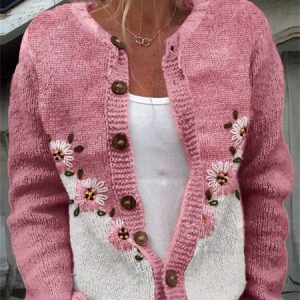 Plant flower color blocked knitted cardigan sweater, Cardigans, Lilicloth.com