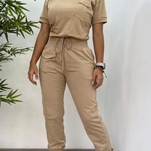 2 Pieces Outfits Round Neck Pocket Design Short Sleeve Top and Casual Drawstring Strechy Waist Pants Set, women Two-piece Sets, ChicMe catalog