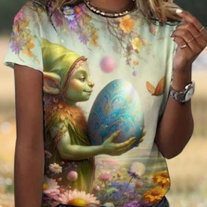 Casual Easter Eggs Floral Crew Neck Short Sleeve T-shirt, T-shirts, color:Lightgreen|size:4XL, catalog Noracora shop