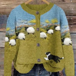 Casual Landscape Print Crew Neck Cardigan, Sweaters, Lilicloth.com