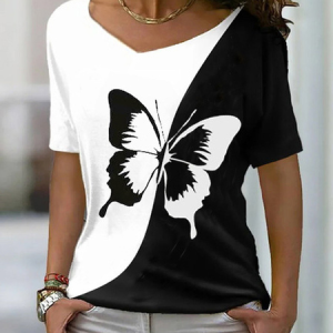 Casual Butterfly V Neck Short Sleeve T-shirt, T-shirts, color:Black|size:XXL, catalog Noracora shop