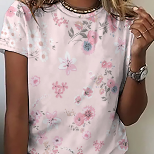 Women's Cute Cherry Blossoms Print Simple Crew Neck T-Shirt, T-shirts, Lilicloth.com