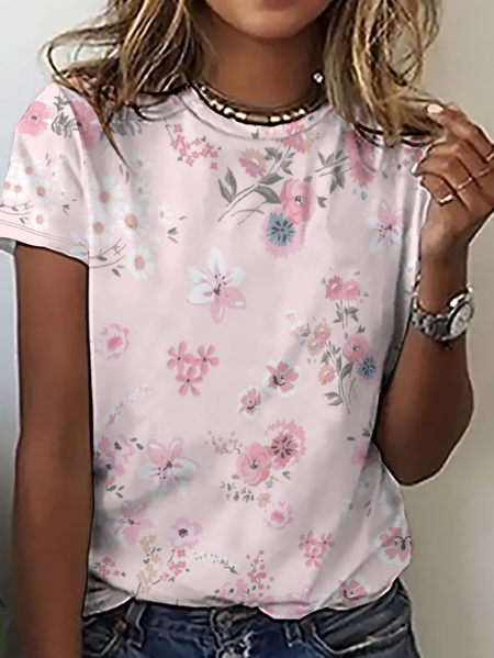 Women's Cute Cherry Blossoms Print Simple Crew Neck T-Shirt, T-shirts, Lilicloth.com