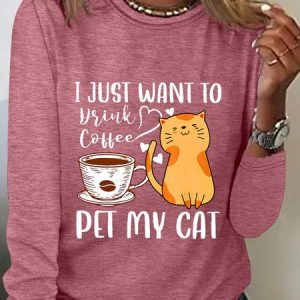 Meowy I Just Want To Drink Coffee And Pet My Cat Funny Cat Sarcastic Long sleeve Shirt, Long sleeves, Lilicloth.com