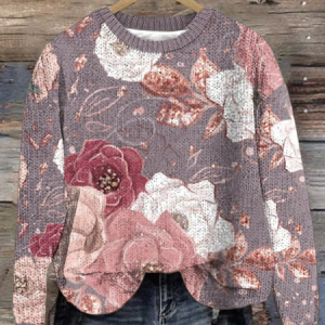 Women's Winter Floral Casual Long Sleeve Crew Neck Knitted Sweater, JustFashionNow Sweaters, color:Pink|size:5XL,