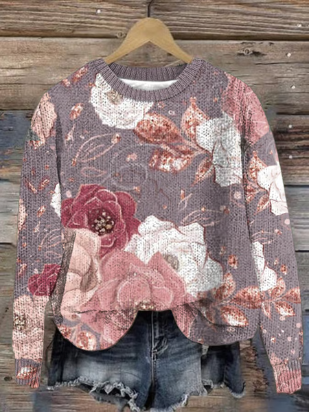 Women's Winter Floral Casual Long Sleeve Crew Neck Knitted Sweater, JustFashionNow Sweaters, color:Pink|size:5XL,
