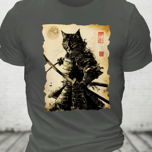 Funny Cat Japanese Samurai Ukiyo-E Art Cotton T-Shirt, T-shirts, Lilicloth.com