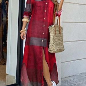 Women's Long Sleeve Spring/Fall Plaid Dress Shawl Collar Daily Going Out Casual Maxi H-Line Shirt Dress, JustFashionNow Dresses, color:Gray|size:3XL,
