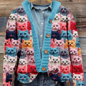 Crowded Cats Pink Knit Art Cozy Hooded Cardigan, Cardigans, Lilicloth.com