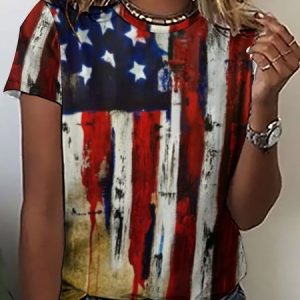 Women's USA Flag Print Casual Short Sleeve T-Shirt, T-shirts, Lilicloth.com