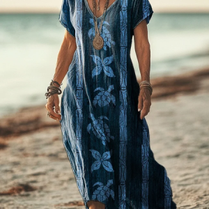Women's Short Sleeve Spring Turtle Print V-Neck Casual Dress, Dresses, Lilicloth.com