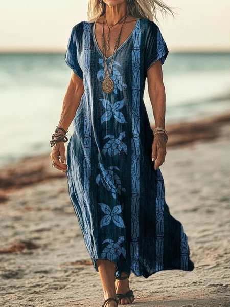 Women's Short Sleeve Spring Turtle Print V-Neck Casual Dress, Dresses, Lilicloth.com