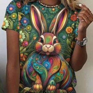 Vintage Easter Bunny Pattern Crew Neck Short Sleeve T-shirt, T-shirts, color:Green|size:4XL, catalog Noracora shop