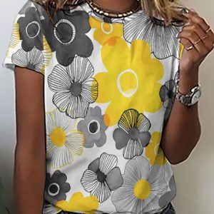 Watercolor Floral Print Women's Short Sleeve T-Shirt, T-shirts, Lilicloth.com
