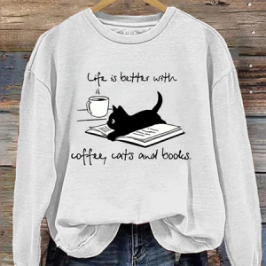 Lady Coffee, Cat And Book Sweatshirt, Hoodies&Sweatshirts, Lilicloth.com
