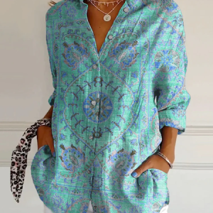 Women Geometric Long Sleeve Shirt Spring/Fall Shirt Collar Daily Casual Top, JustFashionNow Blouses, color:Green|size:XXL,