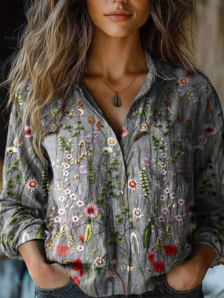 Ladies Vintage Cute Floral Print Casual Long Sleeve Comfortable Cotton Shirt, Blouses, Lilicloth.com